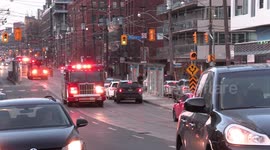 Seconds can save as Toronto fire services races to an emergency call this afternoon downtown with lights and sirens on as they weave through heavy vehicle and pedestrian traffic