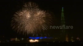 St Petersburg celebrates New Year Eve with fireworks in front Christmas tree (Lakhta centre skyscraper), St Petersburg, Russia