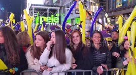 Times Square: New Year's revelers cheer and wave balloons