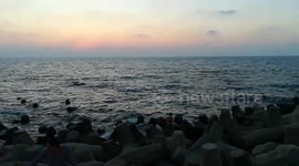 Beautiful Blue Water Mixed With Sunset In Ras El Bar , Red Sun Time