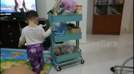 Hilarious toddler pulling dried food Storing trolley to living room