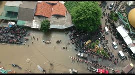 Drone footage of flooded roads in Tangerang, Indonesia following heavy downpours