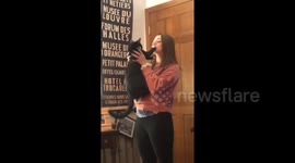 Cat puts up his paws so he doesn't have to take owner's kisses