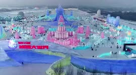 Drone footage showcases stunning ice sculptures at northern China's annual Ice and Snow Festival