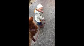 Toddler leading her cute pony