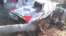 Historic rally Audi crashes into house and fells an old tree