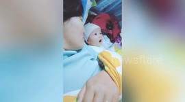 Three-month-old baby acts as if nothing had happened after being caught peeping at mum's phone