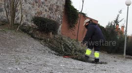Gardener woman uses a gallows to collect pruning remains from a bush