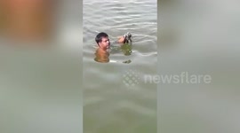 Courageous man plunges into lake to save drowning pigeon in western India
