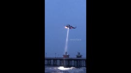 Multi agency search and rescue by Blackpool RNLI, Coastguard helicopter, police and Coastguards for missing fisherman in Blackpool.