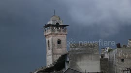 A video of the minaret of the Great Mosque appeared in the city of Maarat al-Numan in the Idlib countryside on 3/25/2019