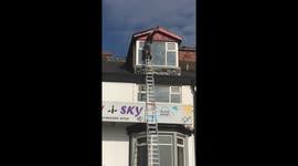 handy man has a 'death wish' balancing ladder on guttering