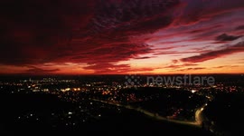 Epic sunset sky over County Tyrone, Northern Ireland: drone view
