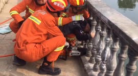 Chinese firefighters free boy's head from cement guardrails overlooking lake