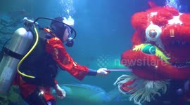 Aquatic Chinese lion dance in Thailand in the largest and  longest aquarium tunnel in the world