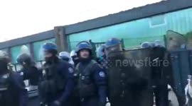 Demonstration in France in Rennes where helmeted police officers are responsible for monitoring students.