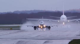 Amazing wet aircraft takeoff in front of A380 on the same runway and wet A380 takeoff in close up view