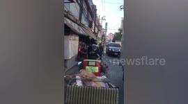 Dog rides on motorcycle taxi through busy Thai streets