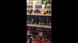 Performing lion dance on the 8-meter high pole on the Vietnamese street