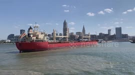 Freighter ship approaching port of Cleveland, Ohio
