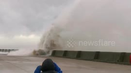 Crazy wind and waves Storm Ciara battering New Brighton, Wirral