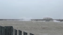 Storm Ciara Shoreham Harbour Giant Waves over Harbour Wall Brighton England