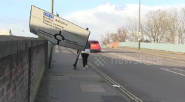Storm Ciara blows large sign down in Derbyshire