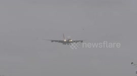 Storm Ciara travel Chaos at Heathrow Airport Qantas A380 VHOQF lands crabbing 9feb2020 819a