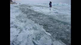 Thick shards of ice form as Lake Baikal in Russia freezes over