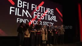 13th BFI Future Film Festival Best New Talent Awards winners celebrate on the BFI Southbank stage in London