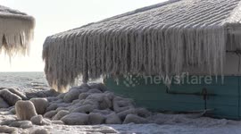 Homes and trees close to Lake Erie coated in ice after freezing winds