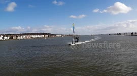 Windsurfer Falls While Trying To Turn Into Heavy Wind