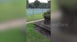 Moment show-off teen tries to do 'parkour' front flip off bench - but falls flat on his face as bench crumbles underneath him