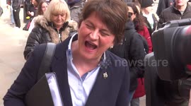 DUP leader Arlene Foster gives an interview after Cabinet Office meeting about coronavirus at 70 Whitehall, London, UK