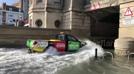 Main road in Weymouth, UK severely flooded during high tide
