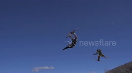 Dude on slopes instantly regrets trying to keep up with pro-skier pals