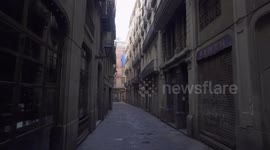 Empty streets and closed stores in the old town of Barcelona due to the Coronavirus Lockdown