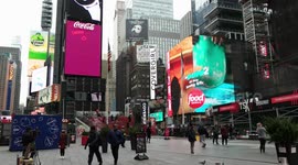 NY New York NYC Times Square No Traffic at Rush Hour, Few People COVID-19 Virus Pandemic Coronavirus Warnings on Digital Signage 1