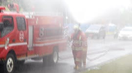 Spraying disinfectant at public area for against coronavirus in Indonesia