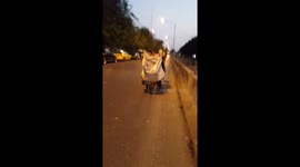 Rubbish collector pushes trolley with kittens riding on top