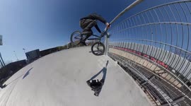 BMX Bike Rider jumps against a pole and rolls back / Tiny Planet Fisheye 360 Camera