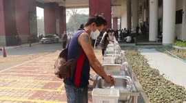 Emergency sinks installed outside office block for workers to wash hands