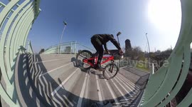 Crazy MTB Stunt riding down stairs in cool urban bridge area