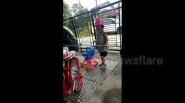 Creative 2 years old girl with basket helmet