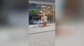Hilarious moment shopper in T-Rex costume joins back of supermarket queue during coronavirus lockdown