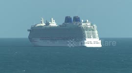 P&O Britannia cruise ship anchors in Weymouth Bay after dropping off passengers at Southampton Port, UK