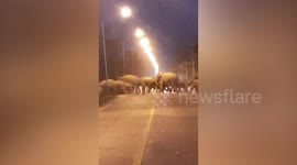 Herd of wild elephants stop traffic to cross the road in Thailand