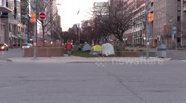 Homeless in Toronto set up tents on downtown streets to avoid crowded shelters and keep social distancing during COVID 19 pandemic