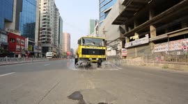 Dhaka city using tanker trucks to spray disinfectant in all street areas hit by coronavirus.