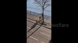 Man in full protective gear seen walking in streets of Zurich during coronavirus outbreak